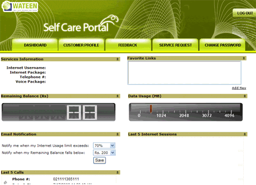 Pakistan Wateen WiMAX Selfcare Portal Features