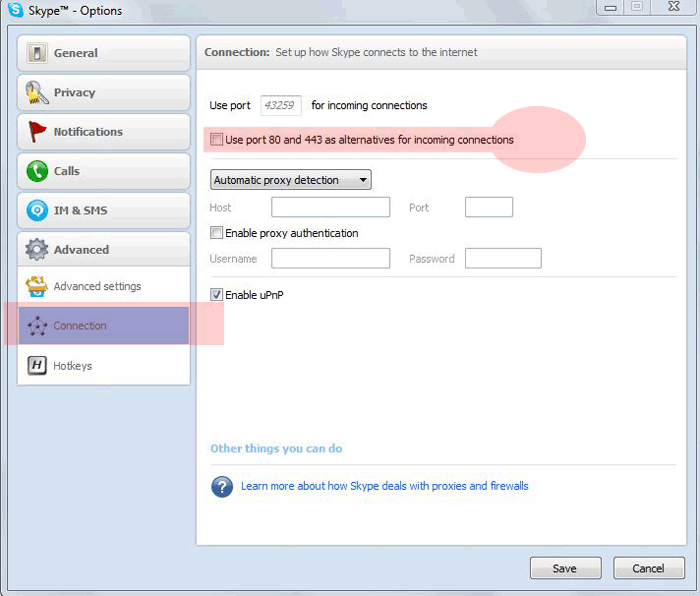 Skype Connection and Port Settings in Windows 7