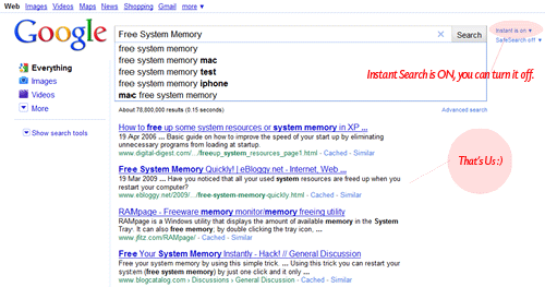 Google Instant Search Snapshot