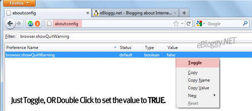 Firefox 4 Enable Save Tabs Warning on Exit Config Window