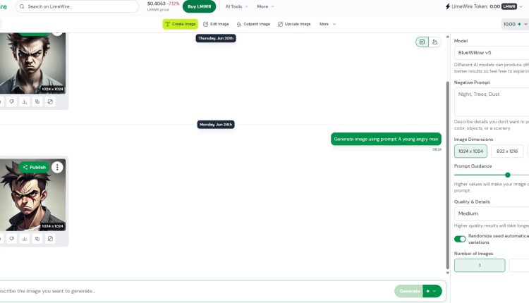 LimeWire AI Image Generation using Text to Image Prompts